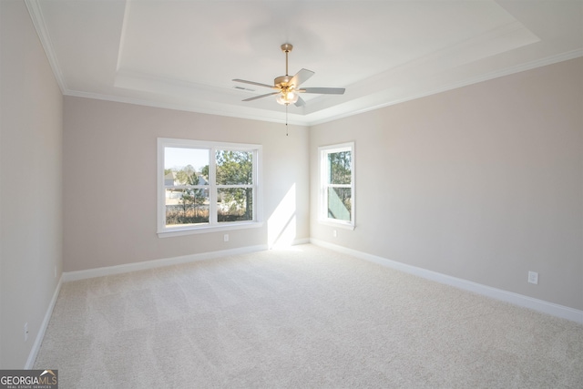 carpeted empty room with a raised ceiling, crown molding, and ceiling fan