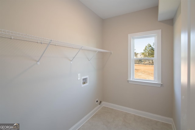 laundry room featuring hookup for a washing machine and light carpet