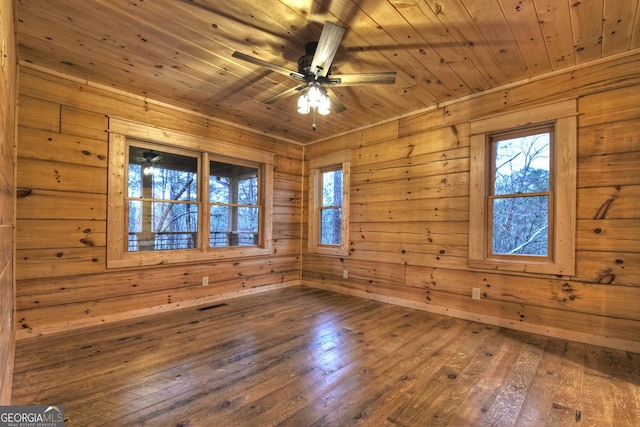 spare room with wood ceiling, hardwood / wood-style flooring, and plenty of natural light