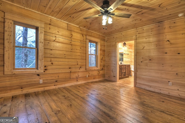 empty room featuring hardwood / wood-style flooring, ceiling fan, wooden walls, and wood ceiling