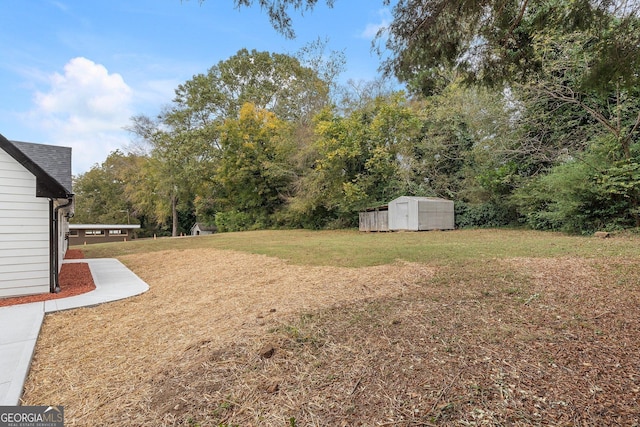 view of yard featuring a storage shed