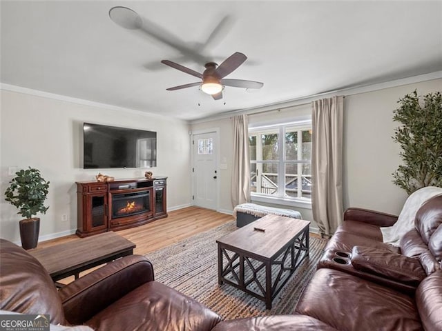 living room with light hardwood / wood-style flooring, ornamental molding, and ceiling fan