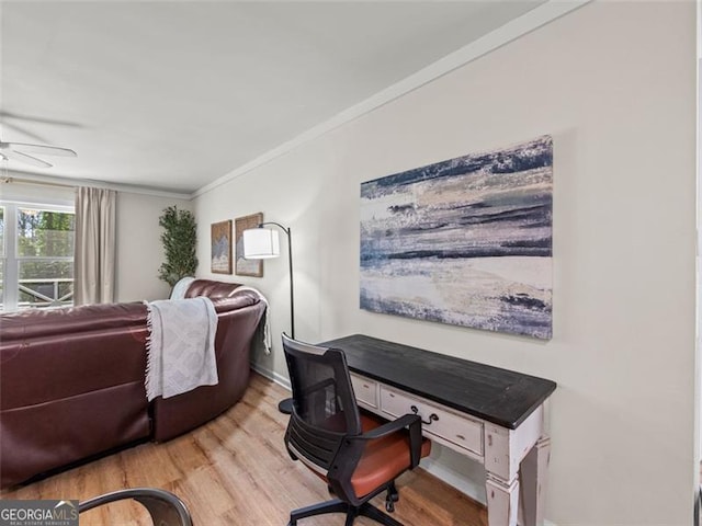 office space with ceiling fan, ornamental molding, and light hardwood / wood-style floors