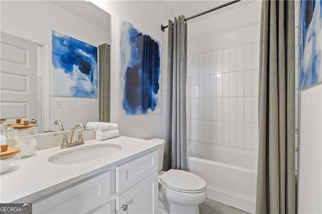 full bathroom featuring vanity, shower / tub combo with curtain, and toilet