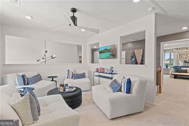 living room featuring light colored carpet