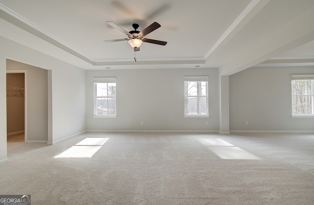 empty room featuring a raised ceiling, crown molding, a wealth of natural light, and light carpet