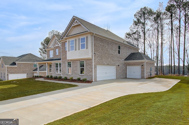 view of front facade featuring concrete driveway, a garage, brick siding, and a front lawn