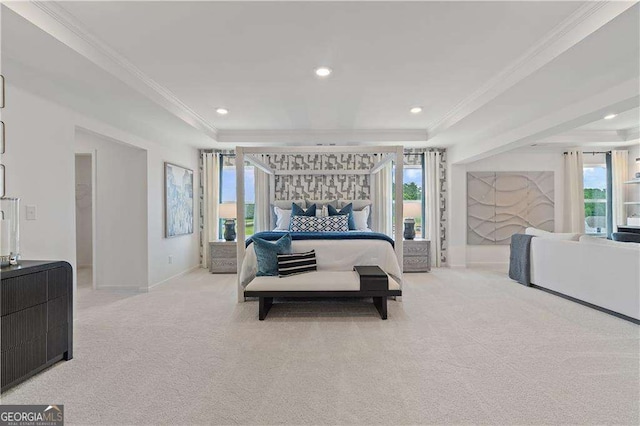 carpeted bedroom with a tray ceiling and ornamental molding