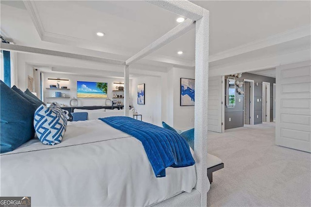 bedroom with ornamental molding, beam ceiling, and carpet floors