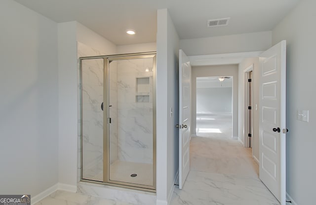 full bath featuring visible vents, marble finish floor, recessed lighting, a marble finish shower, and baseboards