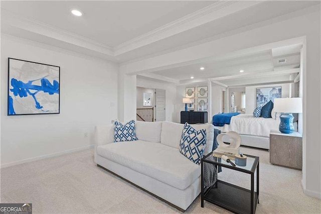 bedroom featuring crown molding, light colored carpet, and a raised ceiling