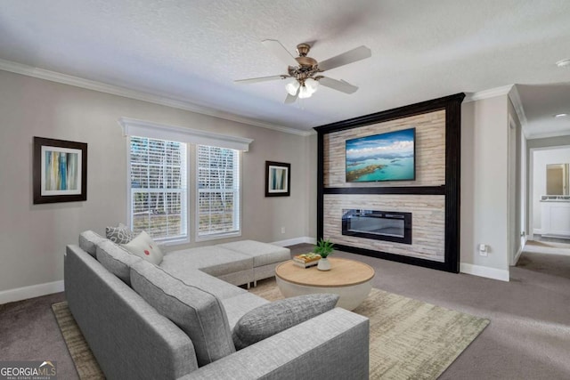 living room with crown molding, a textured ceiling, ceiling fan, light colored carpet, and a fireplace