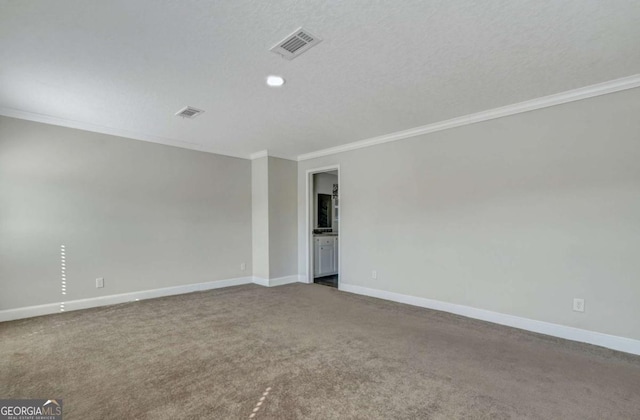 spare room with ornamental molding, a textured ceiling, and carpet