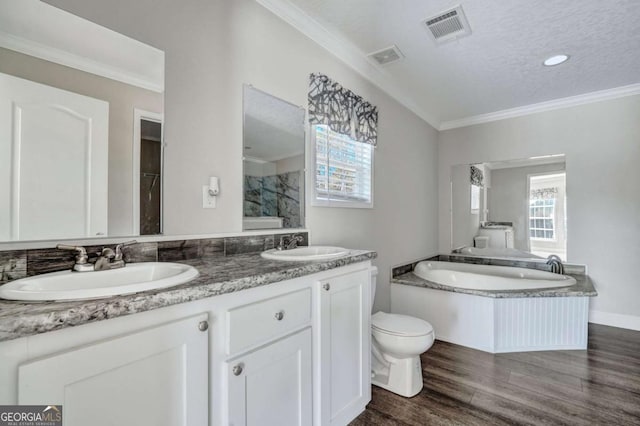 bathroom featuring vanity, hardwood / wood-style floors, a wealth of natural light, and ornamental molding