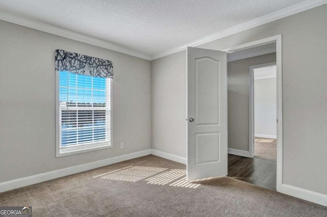 carpeted spare room with ornamental molding and a textured ceiling