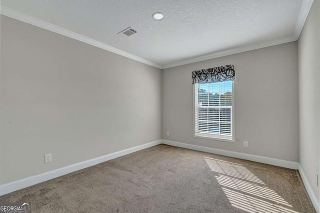 carpeted empty room featuring ornamental molding and a textured ceiling