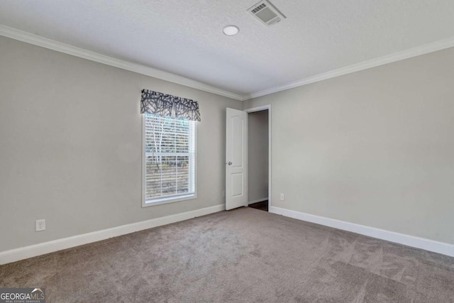 carpeted spare room featuring ornamental molding and a textured ceiling