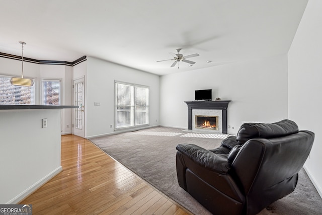 living room with ceiling fan, a premium fireplace, and light hardwood / wood-style floors