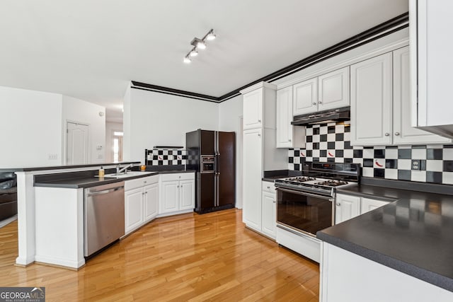 kitchen with light hardwood / wood-style flooring, white gas range oven, dishwasher, white cabinetry, and black fridge with ice dispenser