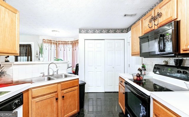 kitchen with sink, a textured ceiling, white dishwasher, range with electric cooktop, and backsplash