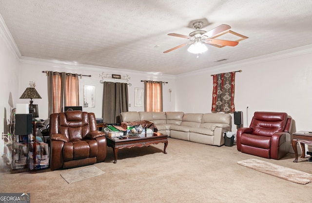 living room featuring crown molding, light colored carpet, and a textured ceiling