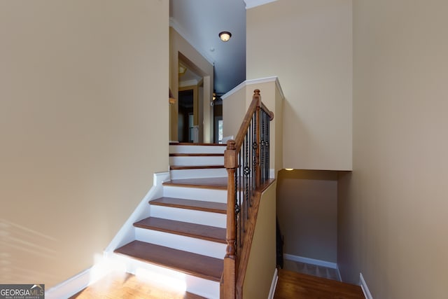 staircase with hardwood / wood-style floors