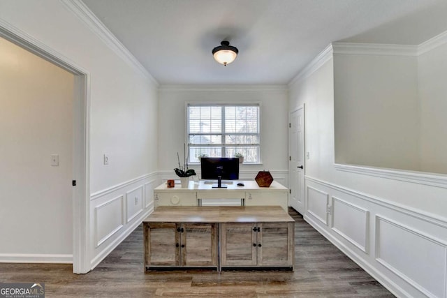 office featuring ornamental molding and dark hardwood / wood-style floors