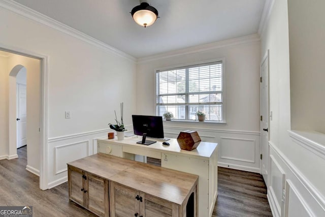 office space with dark hardwood / wood-style flooring and crown molding