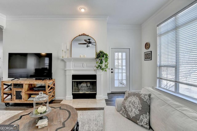 living room featuring ornamental molding and ceiling fan