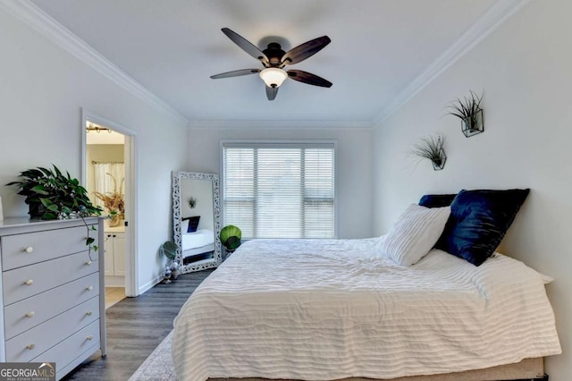 bedroom with dark wood-type flooring, ornamental molding, ceiling fan, and ensuite bathroom