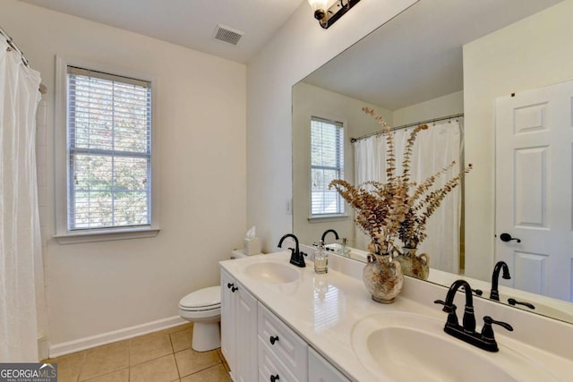 bathroom with vanity, toilet, and tile patterned flooring