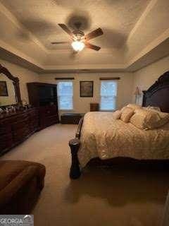 bedroom with ceiling fan, carpet flooring, and a raised ceiling