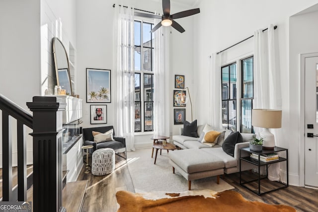 sitting room featuring a towering ceiling, wood-type flooring, and a wealth of natural light