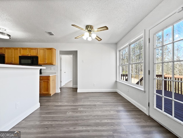 kitchen featuring dark hardwood / wood-style floors, a textured ceiling, and ceiling fan