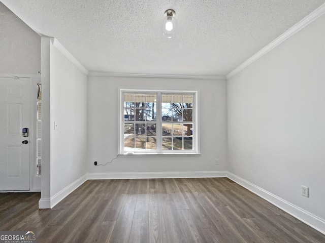 interior space featuring crown molding, dark hardwood / wood-style floors, and a textured ceiling