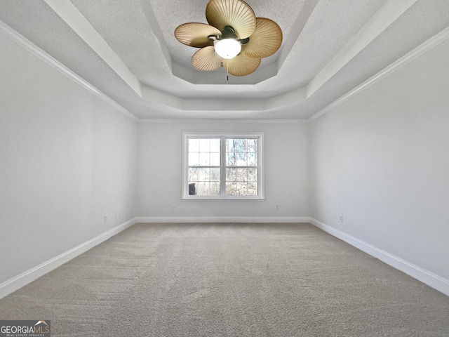 carpeted empty room with a tray ceiling and a textured ceiling