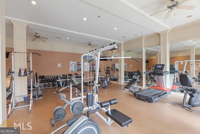 exercise room with ceiling fan and recessed lighting