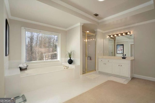 bathroom featuring ornamental molding, independent shower and bath, tile patterned flooring, and vanity