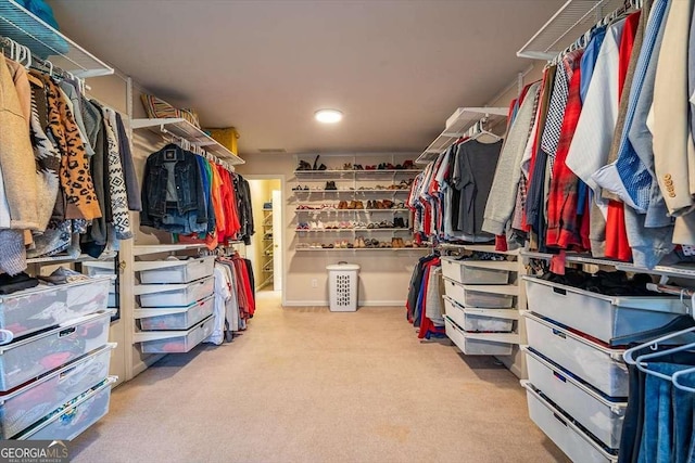 walk in closet with light carpet