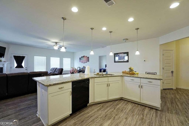 kitchen featuring light stone counters, dishwasher, hanging light fixtures, and white cabinets