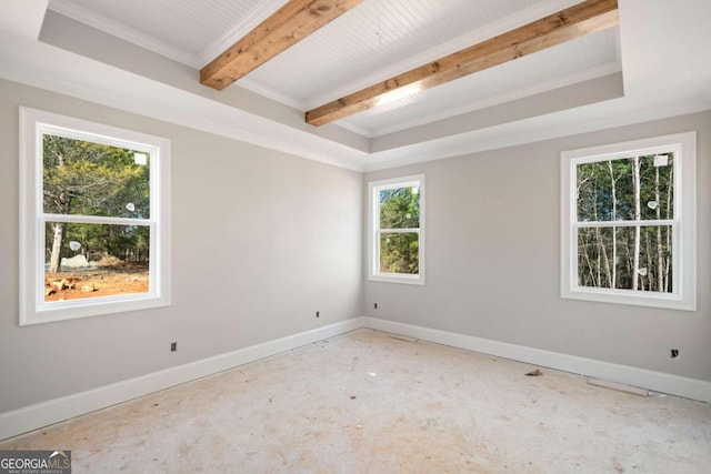 spare room with beam ceiling