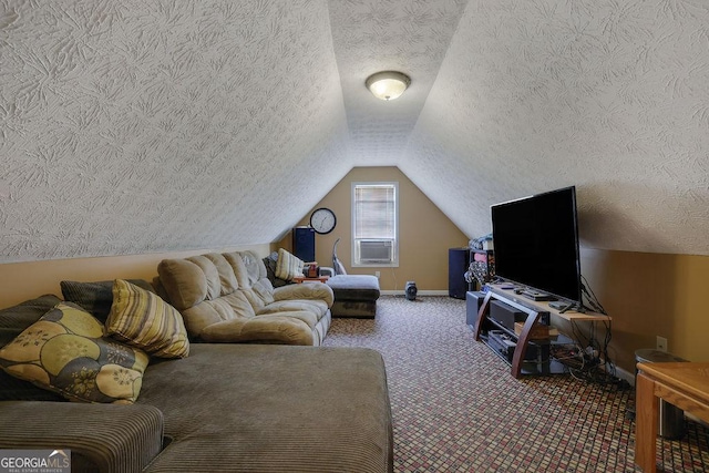 carpeted living room with vaulted ceiling and a textured ceiling