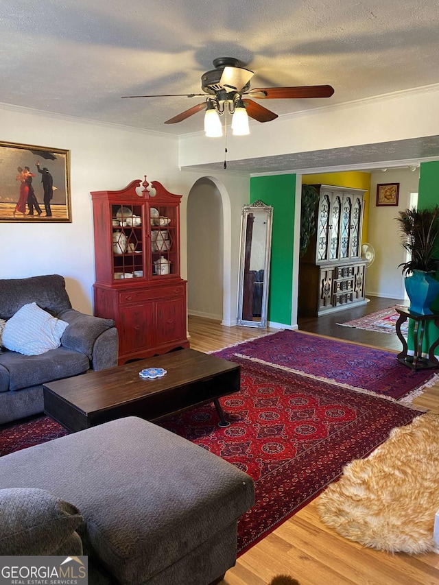 living room with ceiling fan, hardwood / wood-style floors, and a textured ceiling