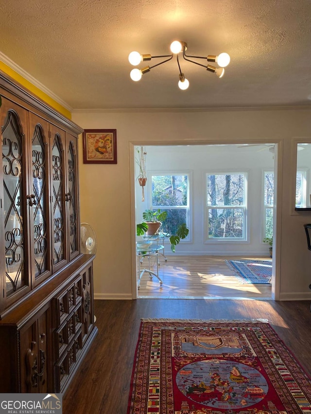 foyer entrance with crown molding, dark wood-type flooring, and a textured ceiling