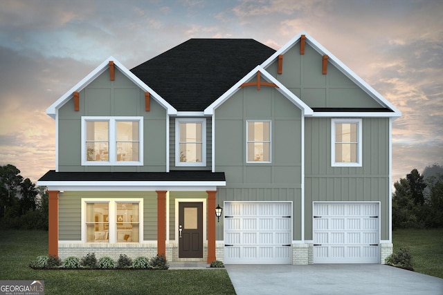 view of front of house featuring driveway, an attached garage, brick siding, and roof with shingles