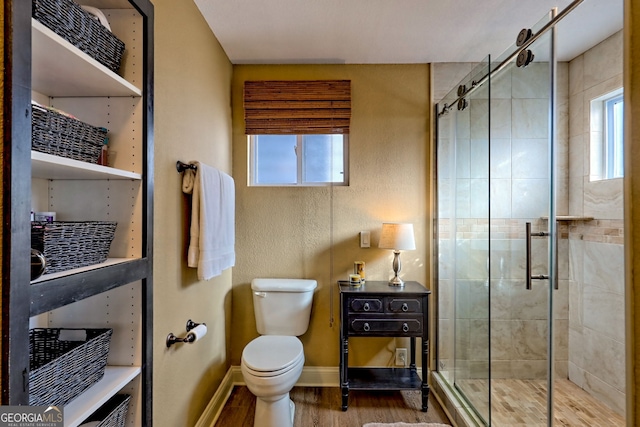 bathroom with a healthy amount of sunlight, toilet, and a shower with door