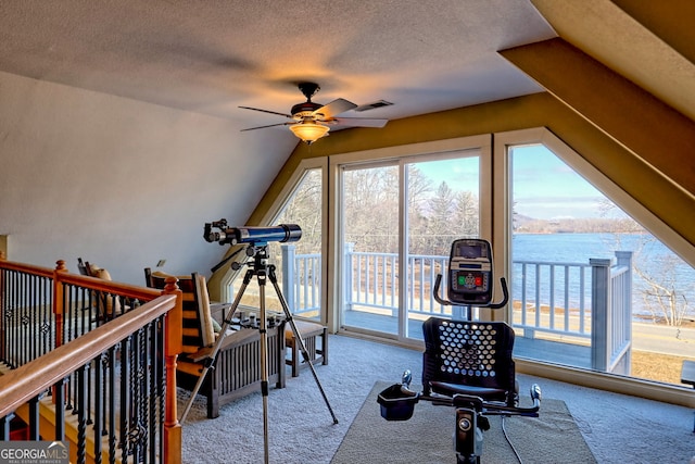 workout room with lofted ceiling, carpet floors, ceiling fan, a water view, and a textured ceiling