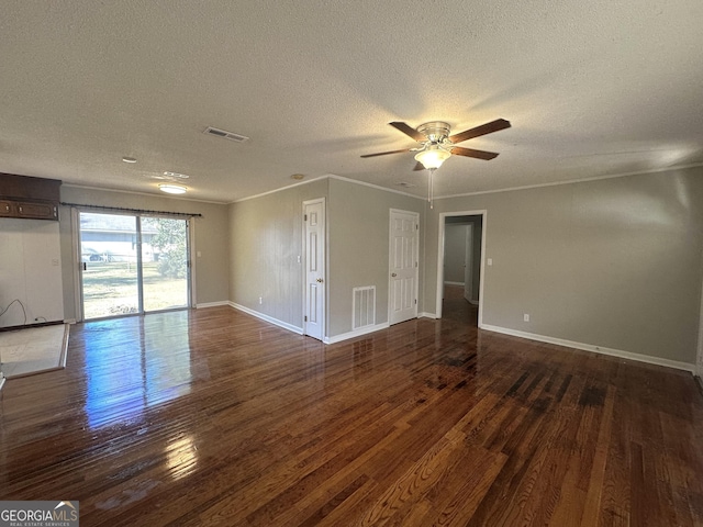 interior space featuring crown molding, dark hardwood / wood-style floors, a textured ceiling, and ceiling fan