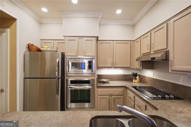 kitchen featuring sink, ornamental molding, and appliances with stainless steel finishes