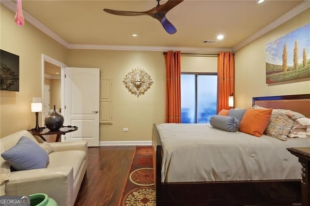 bedroom with crown molding, ceiling fan, and dark hardwood / wood-style flooring